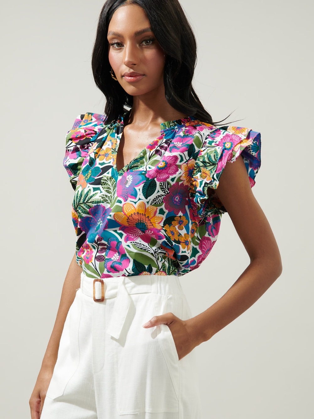 SugarLips Santa Elena Risette Ruffle Cap Sleeve Floral Split Neck Top